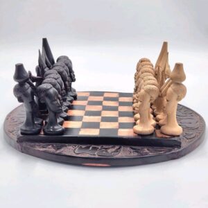 Hand Carved African Ebony & Whitewood Chess Set With Big Five Board, Masterpiece